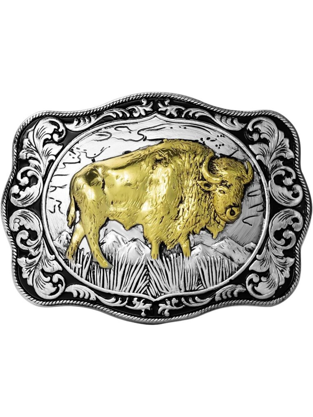 Men Golden Vintage Rectangle Buffalo Buckle Scalloped Western Belt